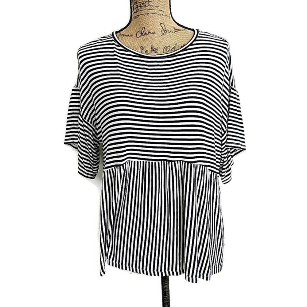 LOFT Peplum Top Women S Black White Striped Short Sleeve Relaxed Nautical Modern